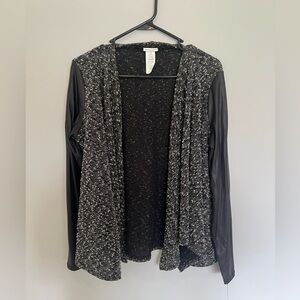 Arianne Black Textured Knit Jacket Faux Leather Sleeve Cardigan Size Large